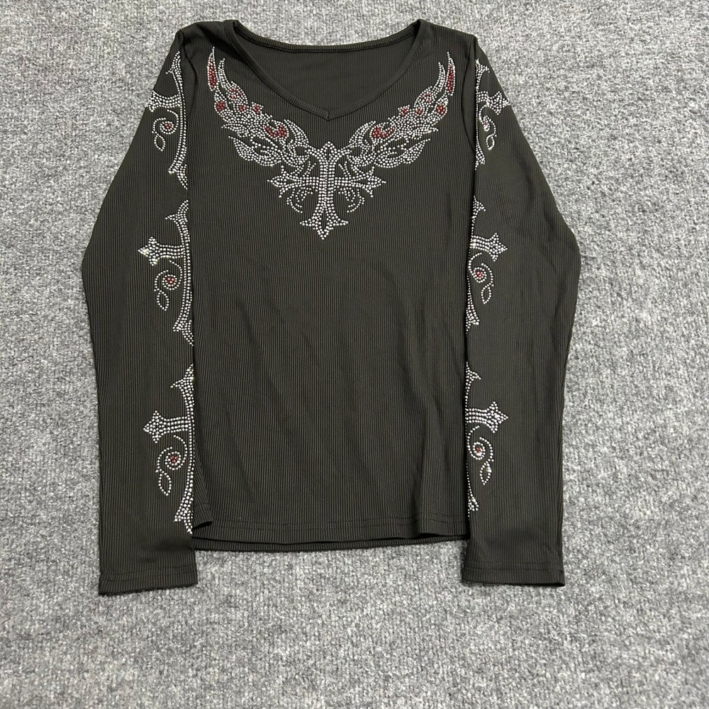 Unbranded Long Sleeve Shirt Womens Size S Black Rhinestone Cross Y2K Ribbed